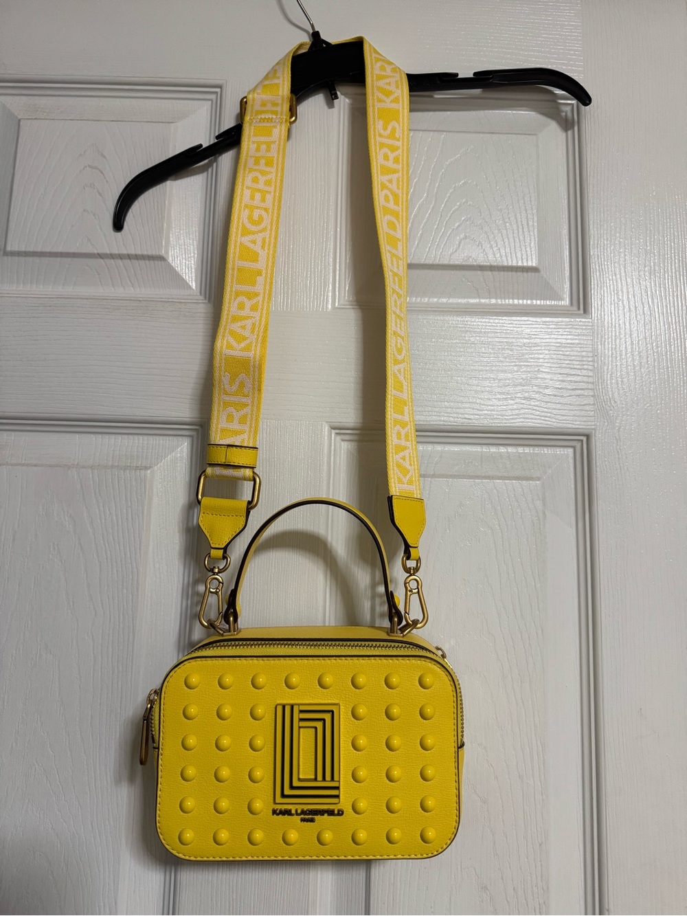 Karl Lagerfeld Yellow Stud-Embellished Crossbody Bag with Logo Plaque - Picture 2 of 16